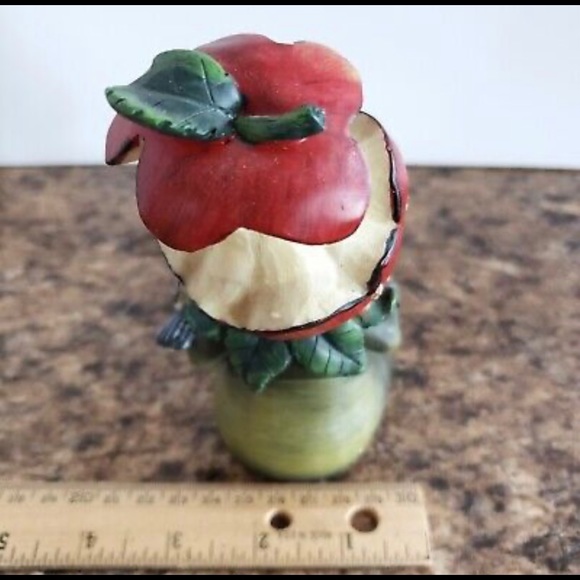 Vintage Dangle Leg Boy Figurine Shelf Sitter Apple Core Hat Holding Apple Bird - Picture 5 of 5